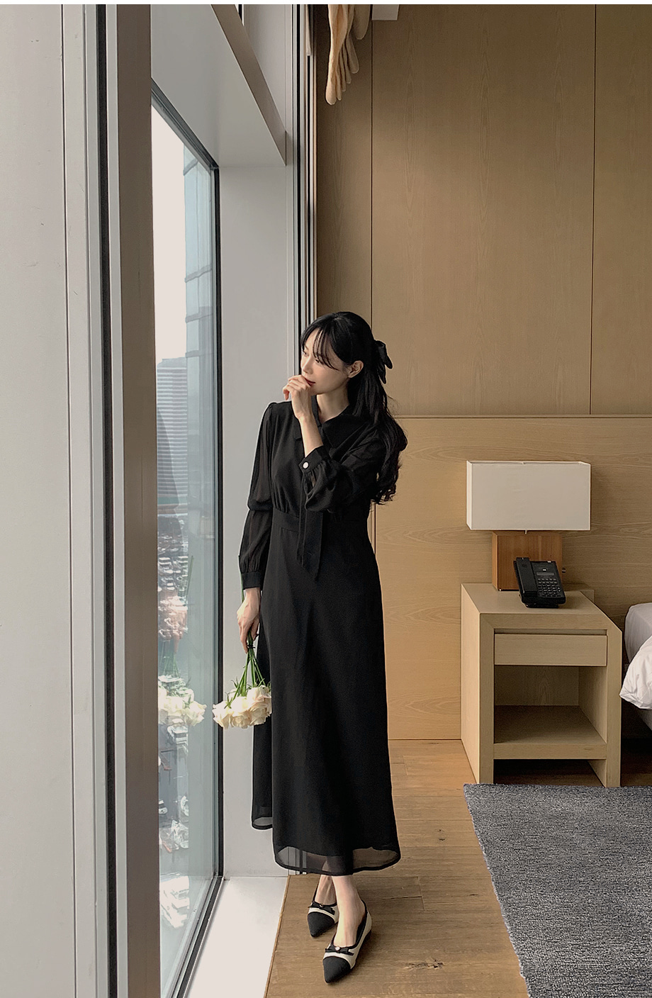 シアータイカラーネックロングワンピース | レディースファッション