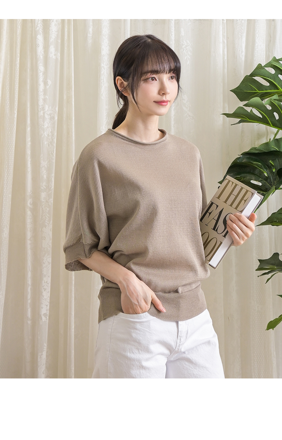 MUVEIL ショルダーパールニット ドルマンスリーブ キャメル 36 S