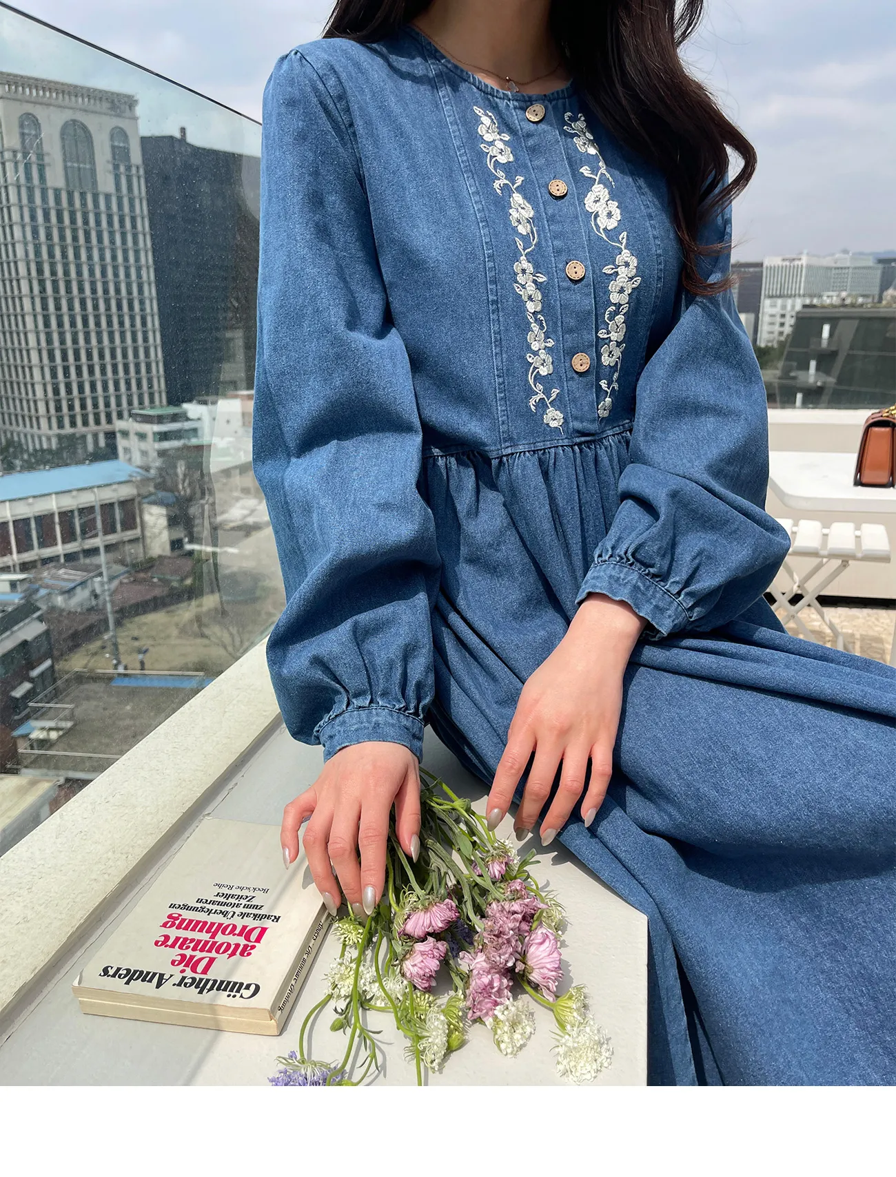 花柄刺繍ハーフボタンデニムワンピース | レディースファッション通販 