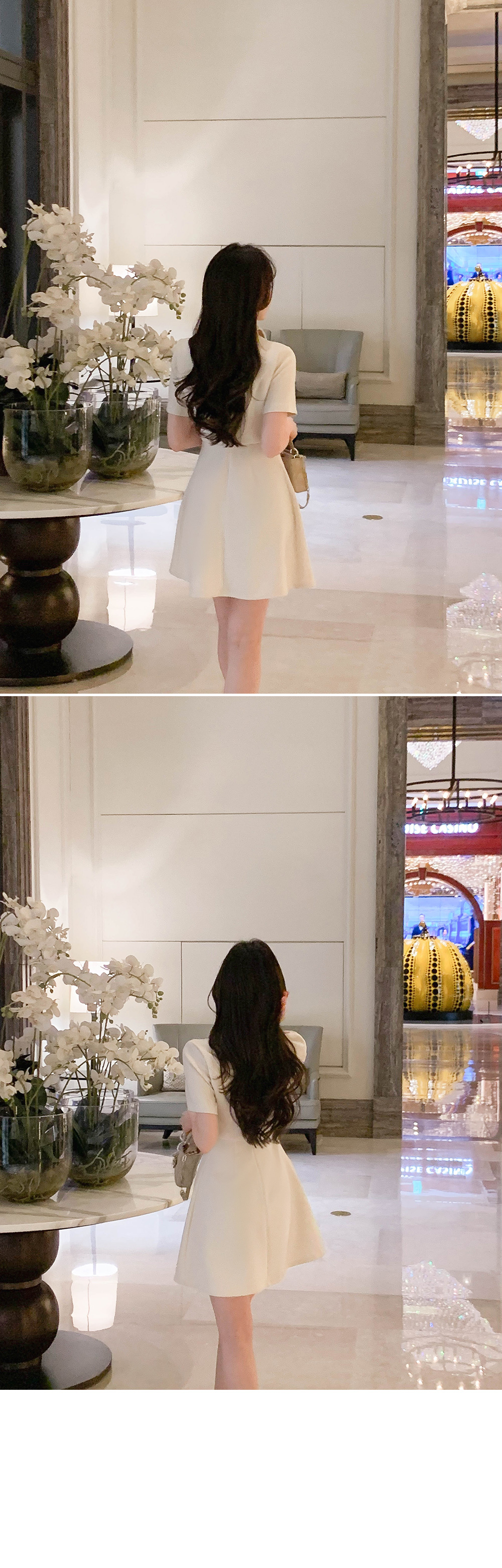 薄紫のパール装飾付き半袖ワンピース 38 オリジナル]パール調ボタンカラー半袖ミニワンピース