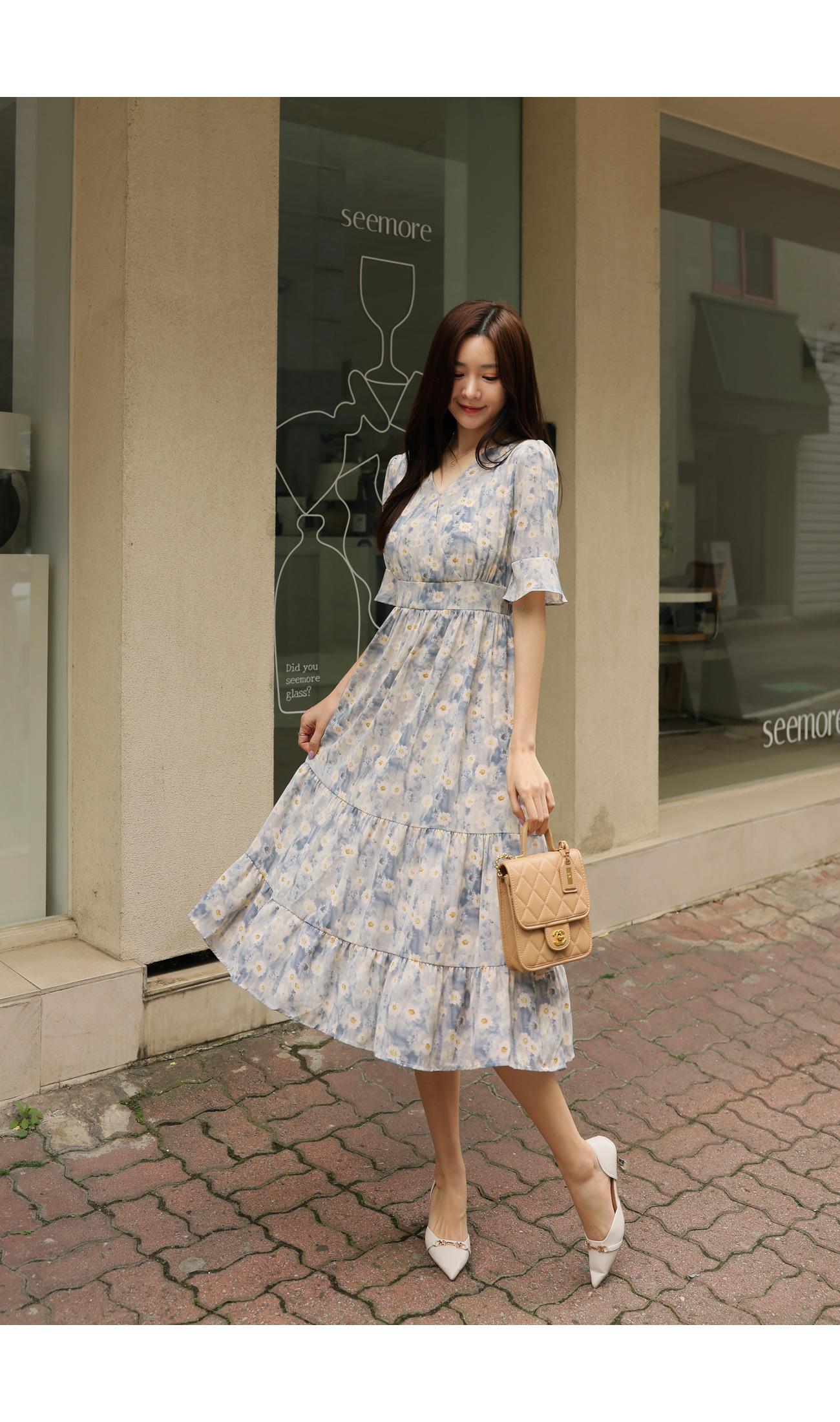 Vネック水彩画風フラワーワンピース | レディースファッション通販