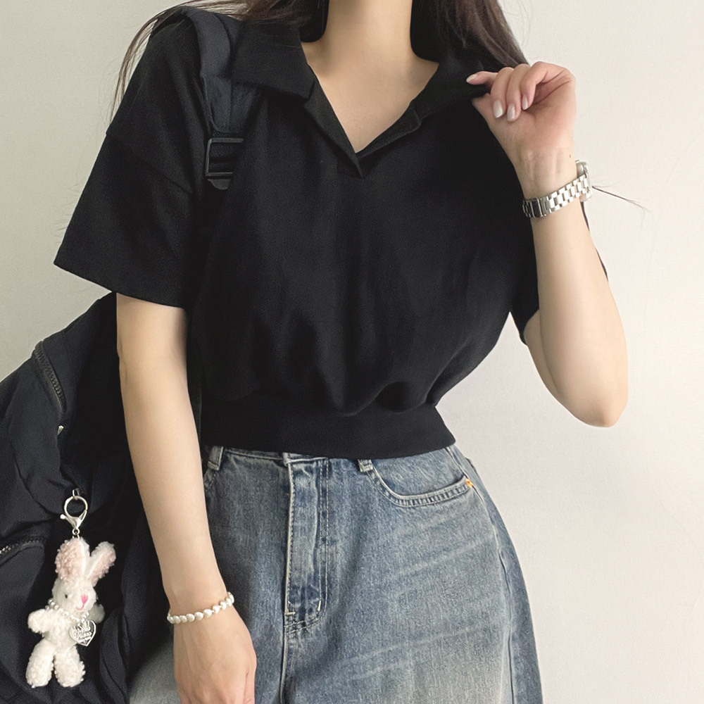 オープンカラークロップド半袖Tシャツ | レディースファッション通販