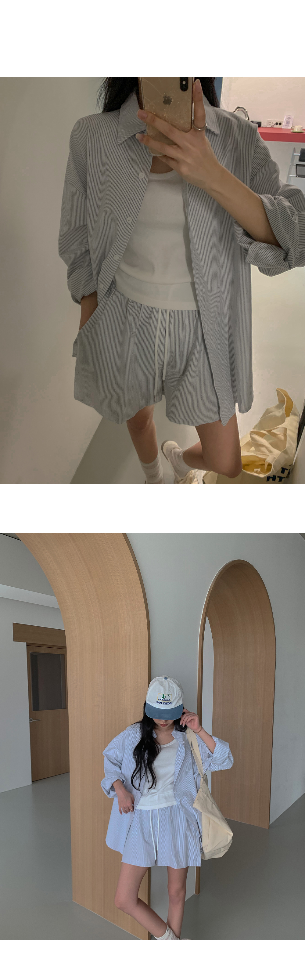 【boohoo】 ストライプ ジャージーシャツ&ショートパンツセット ストライプシャツ&ショートパンツSET | レディースファッション