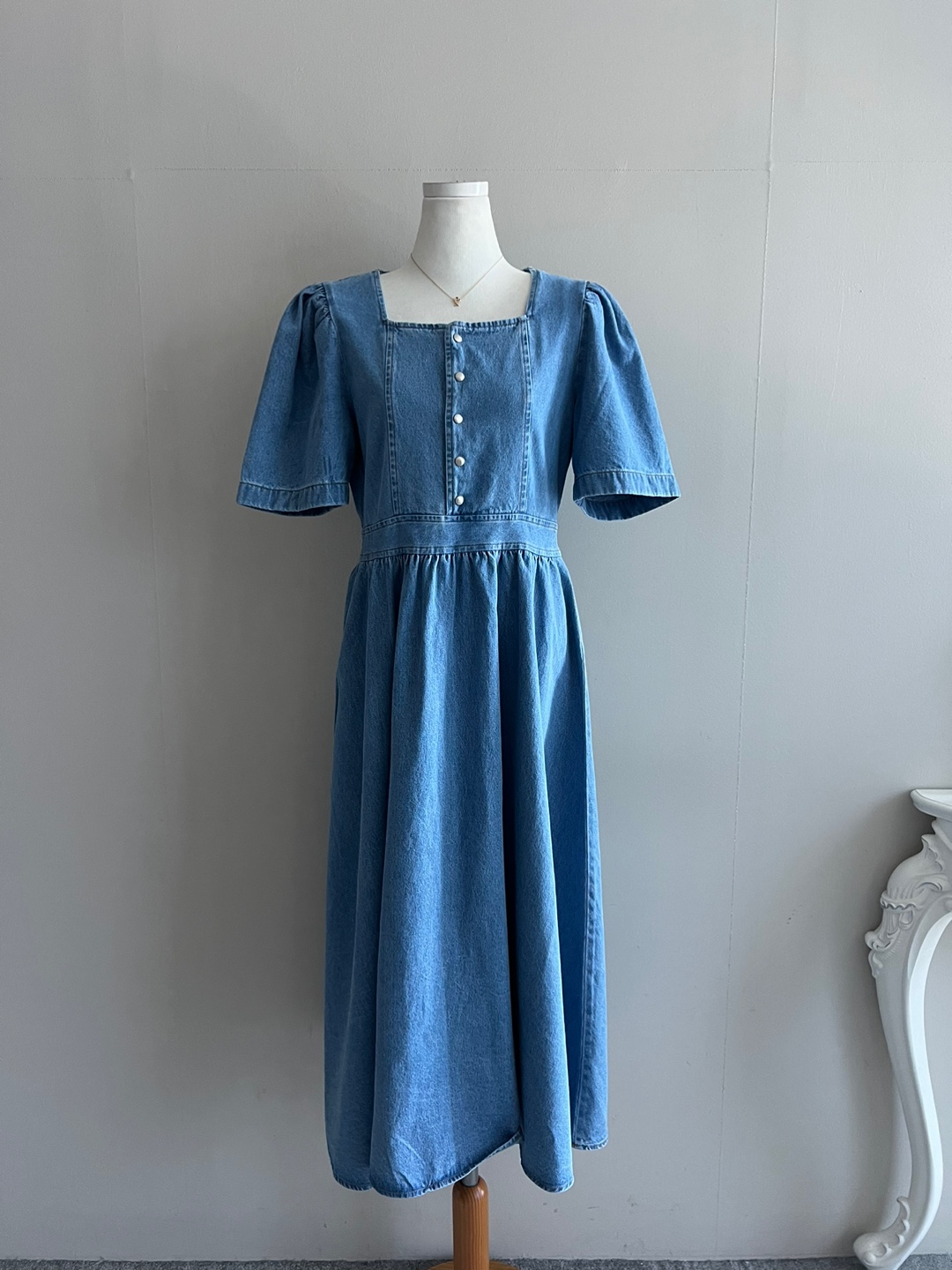 ★minagram★ 半袖フレアパフデニムワンピース ハーフボタンパフ半袖デニムフレアワンピース | レディース