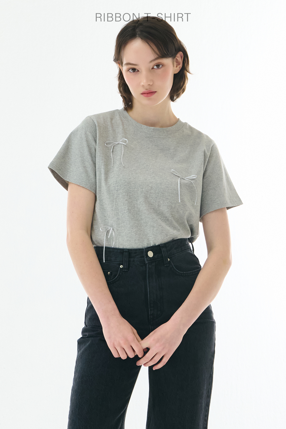 リボン半袖クロップドTシャツ(グレー) | レディースファッション通販
