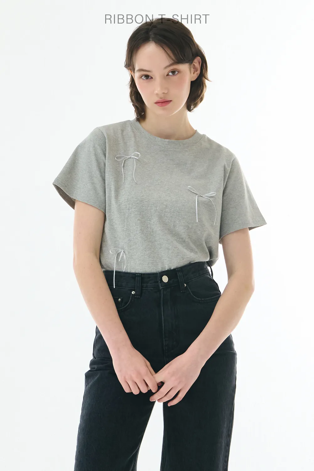 リボン半袖クロップドTシャツ(グレー) | レディースファッション通販 