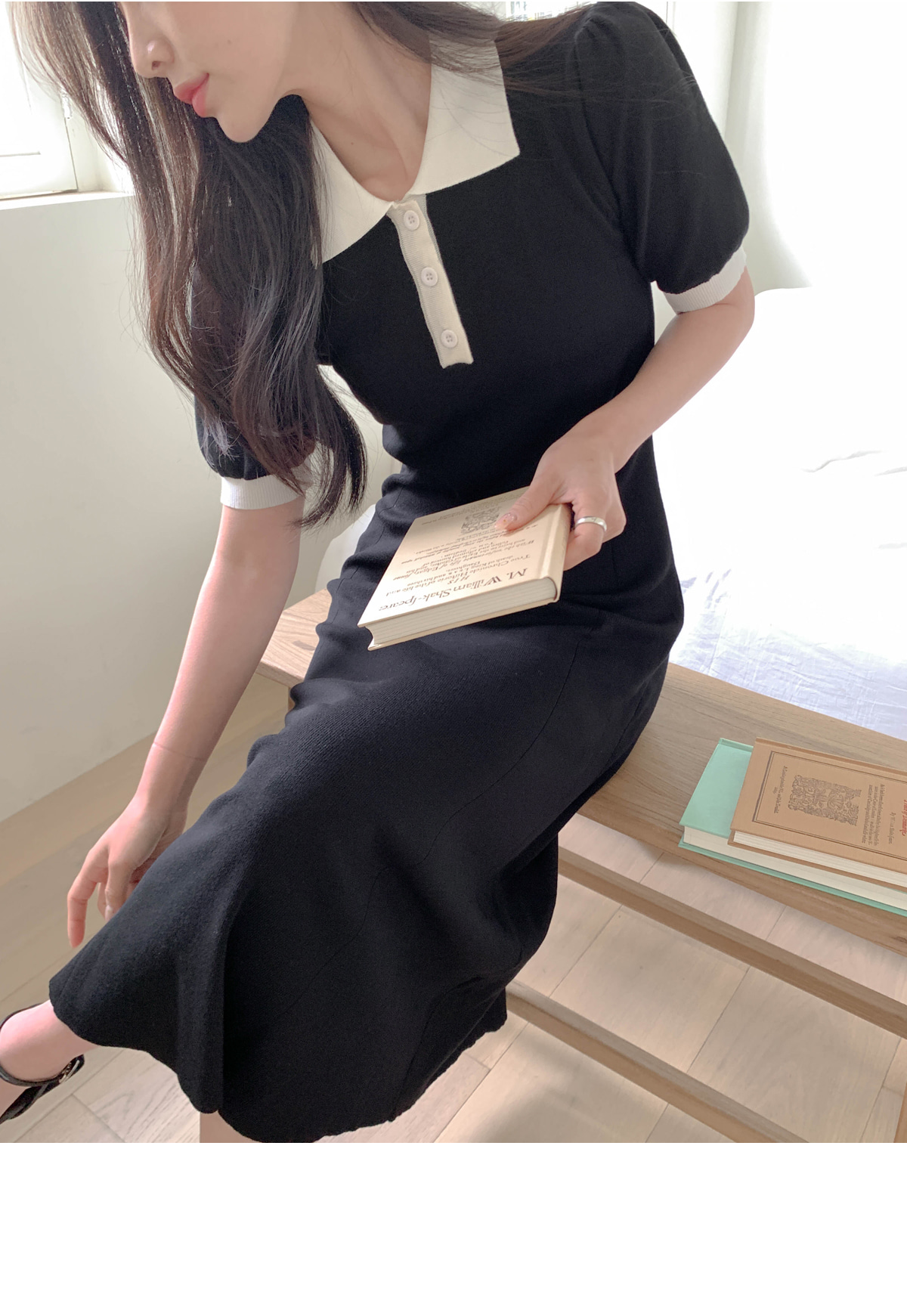 配色ポロカラーフレアロングワンピース | レディース