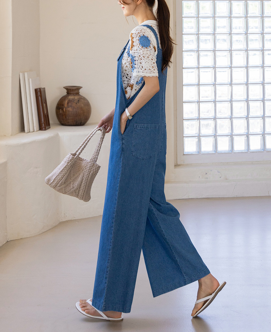 Vネックデニムサロペットワイドパンツ | レディースファッション