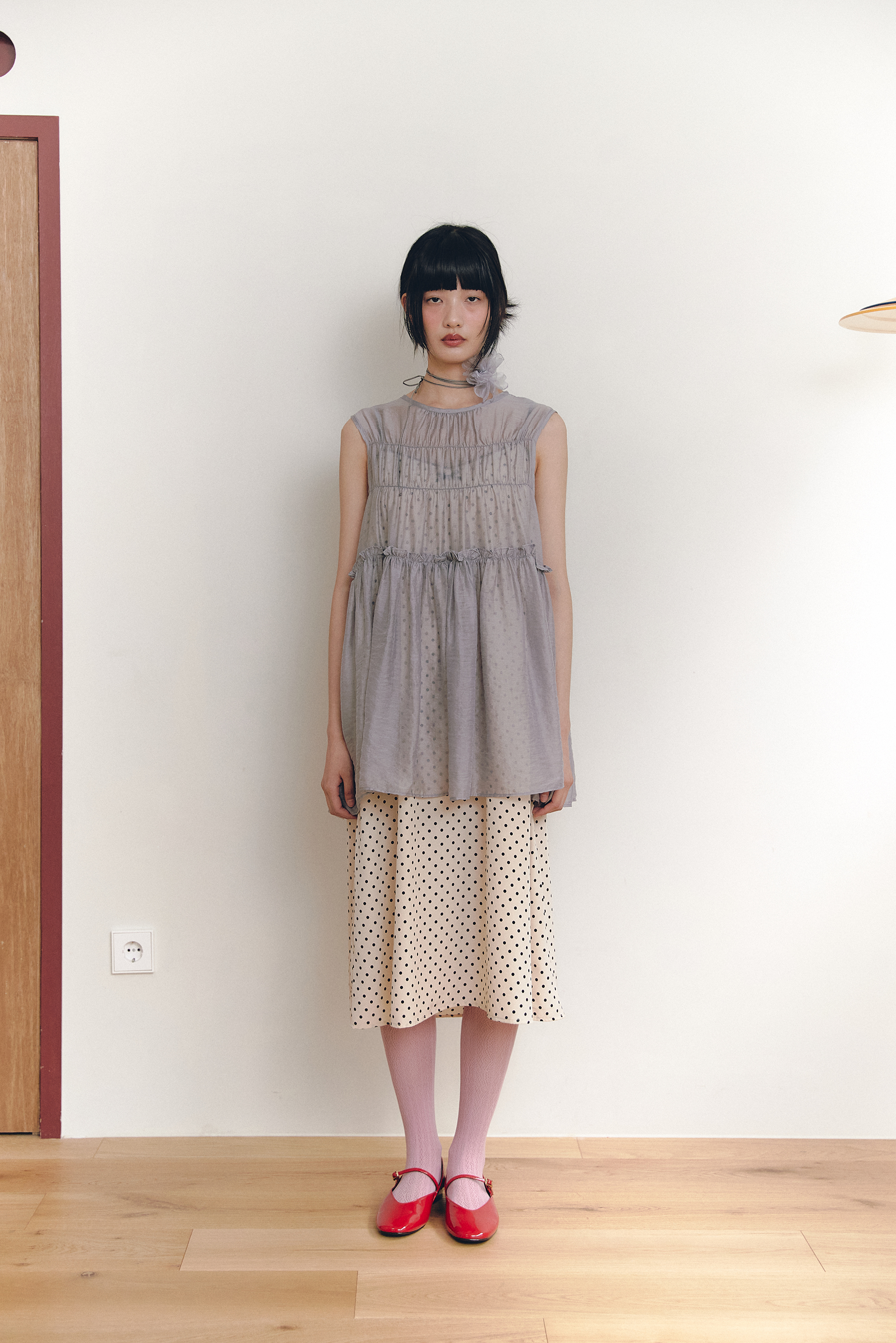 テンセル混シャーリングシアーチュニックノースリーブ(グレー