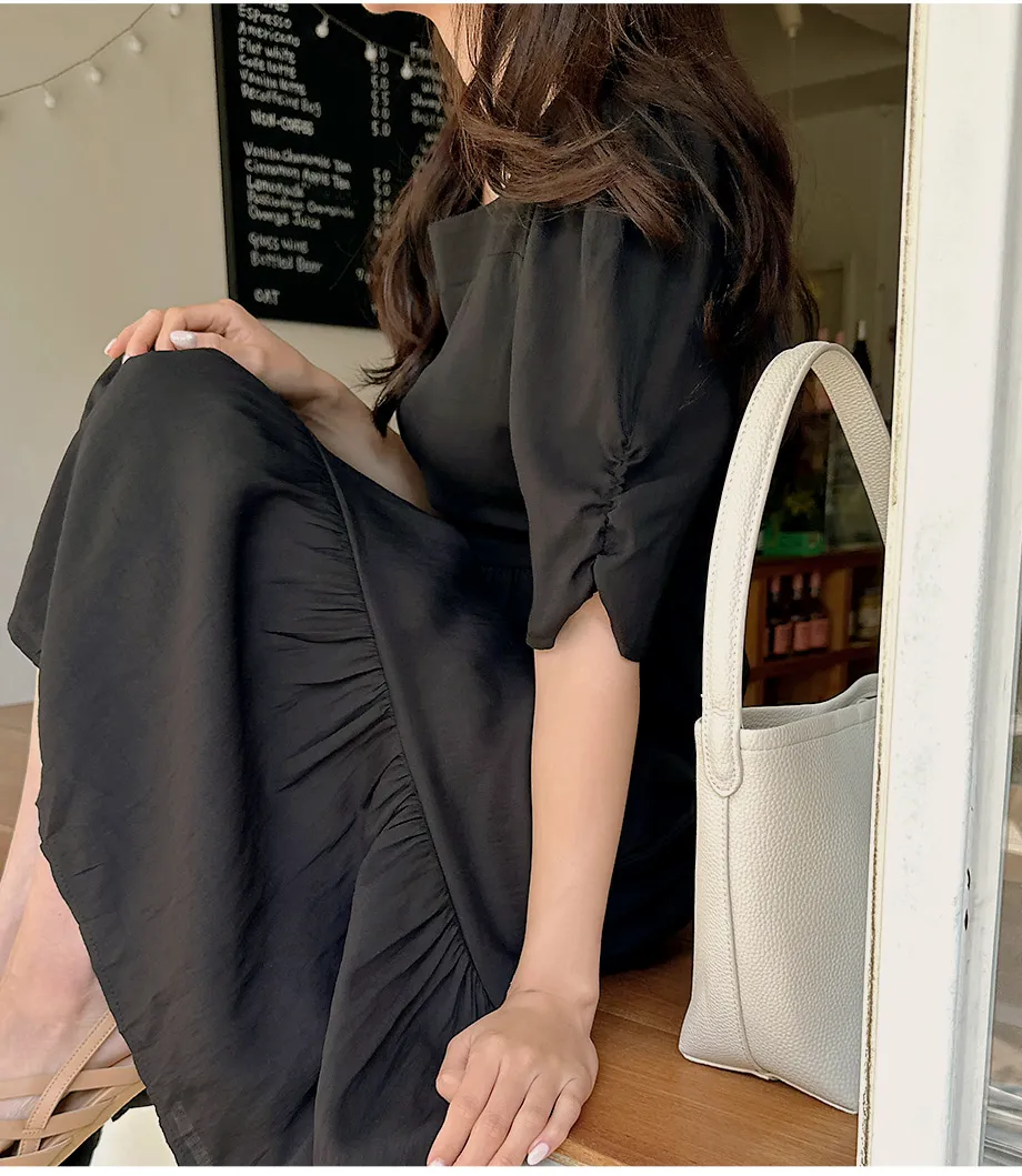 리리앤코 에이폴 셔링 퍼프 스퀘어넥 캉캉 롱 원피스