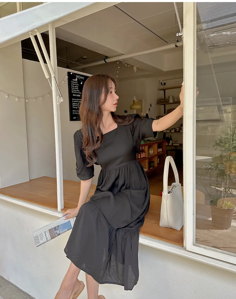리리앤코 에이폴 셔링 퍼프 스퀘어넥 캉캉 롱 원피스