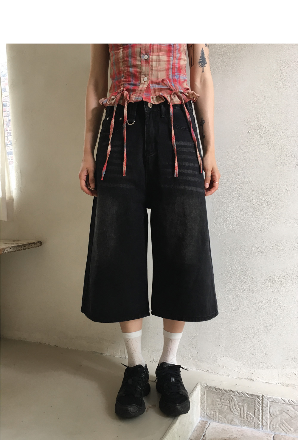 リングポイント7分丈ワイドデニムパンツ | レディース