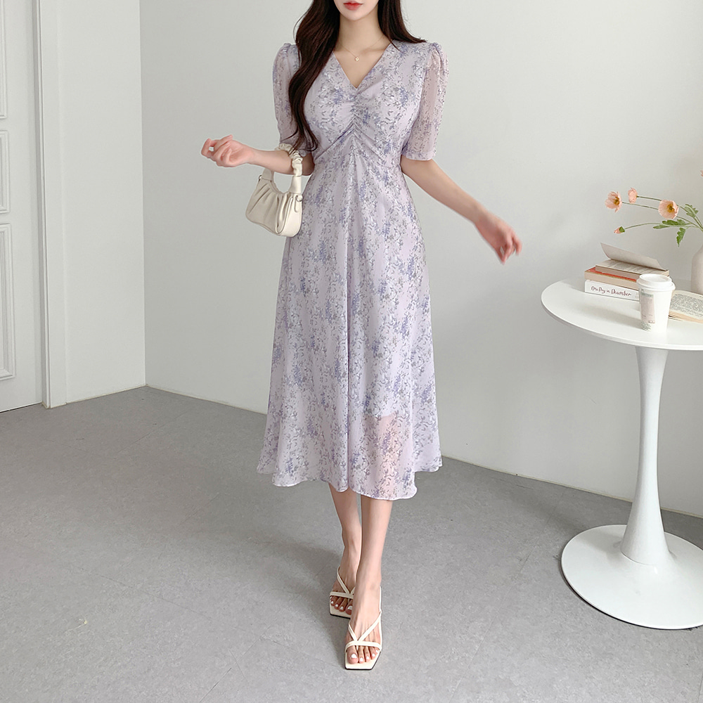 [I AM MARI]フラワーシャーリングシフォンロングワンピース I AM MARI ♥シャーリングフラワーシフォンワンピース (I AM
