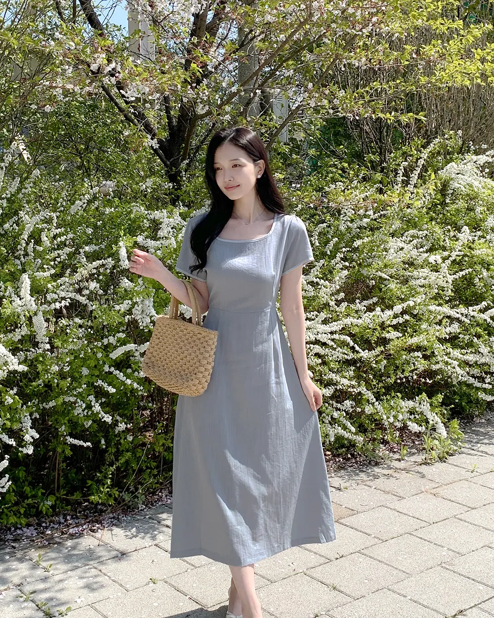 配色スクエアネックフレアワンピース | レディースファッション通販  