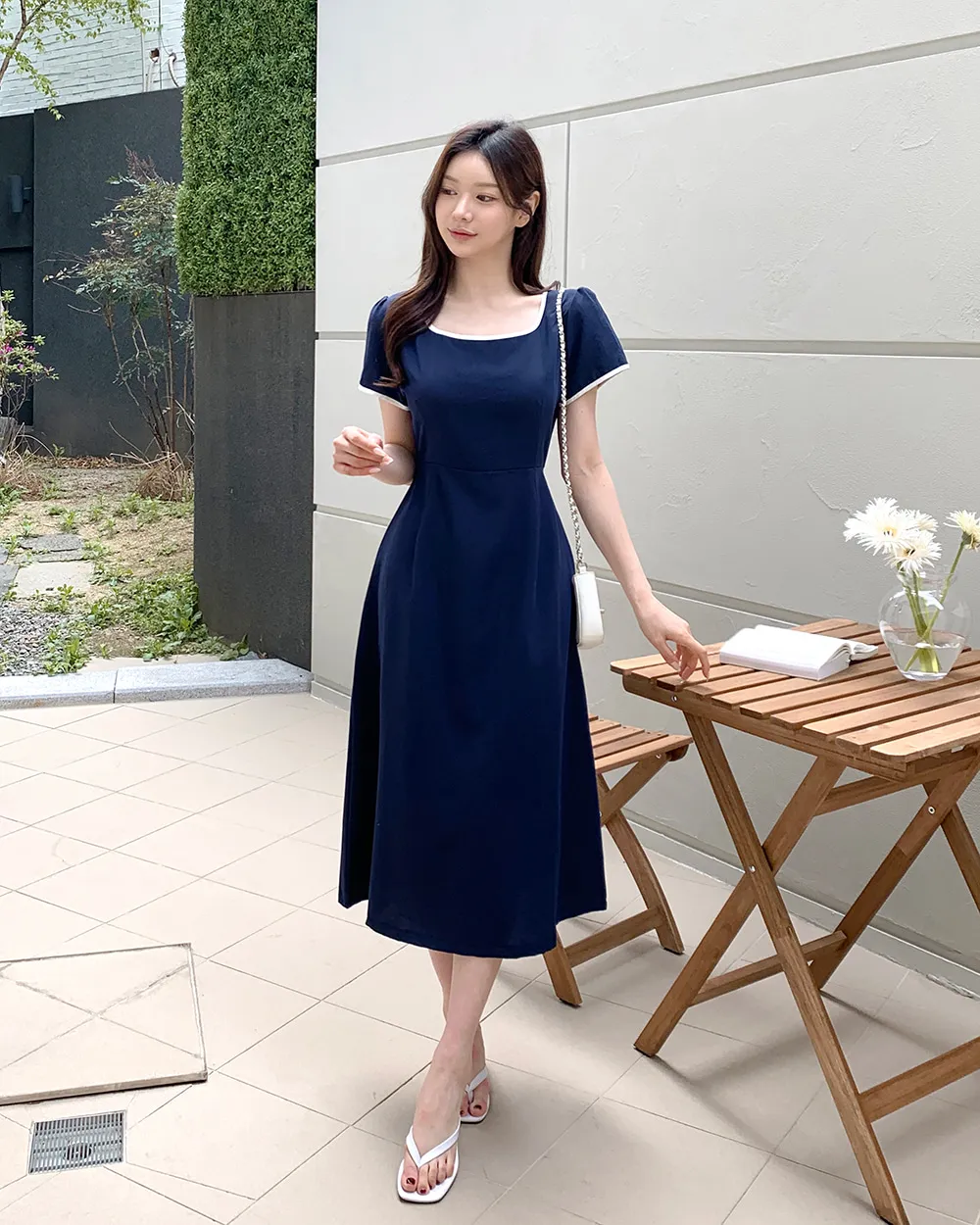 配色スクエアネックフレアワンピース | レディースファッション通販  