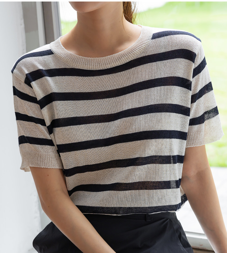 フレームワーク シアーバスクニットTee ボートネック 長袖 麻混 F 紺 白 FRAMeWORK - フレームワーク シアーバスクニットTee ボートネック 長袖
