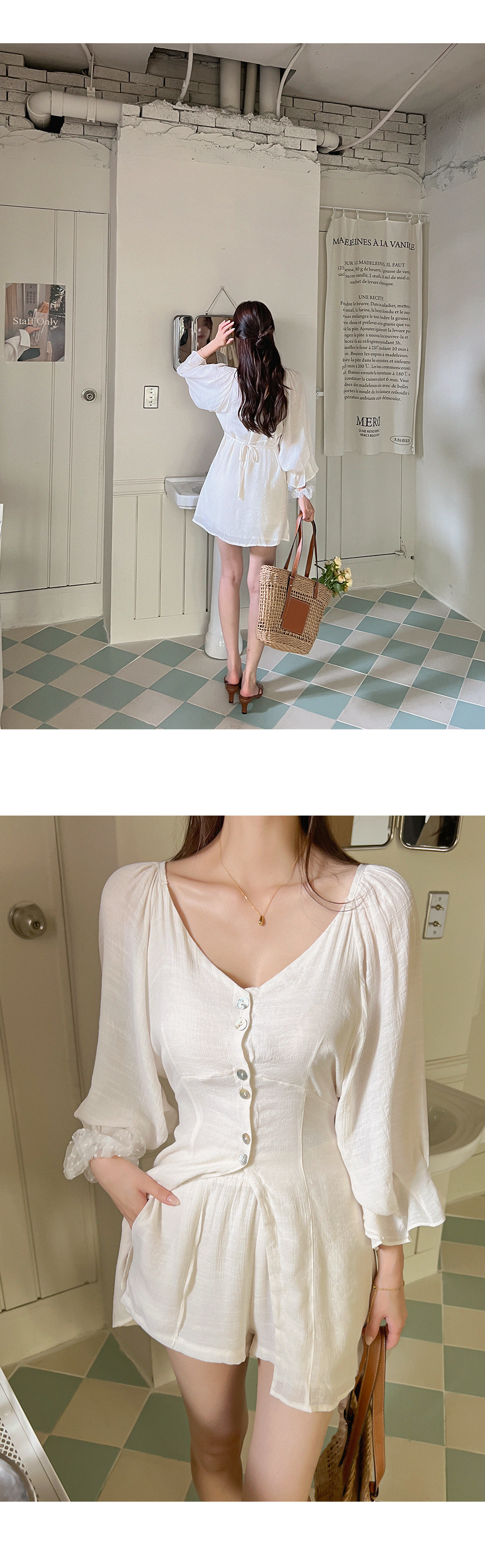 Vネックシフォンチュニックブラウス&ショートパンツSET