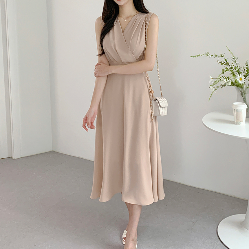 ★DRAW FIT★ ピンタック ノースリーブ ロング ワンピース ノースリーブロングワンピース – weMALL
