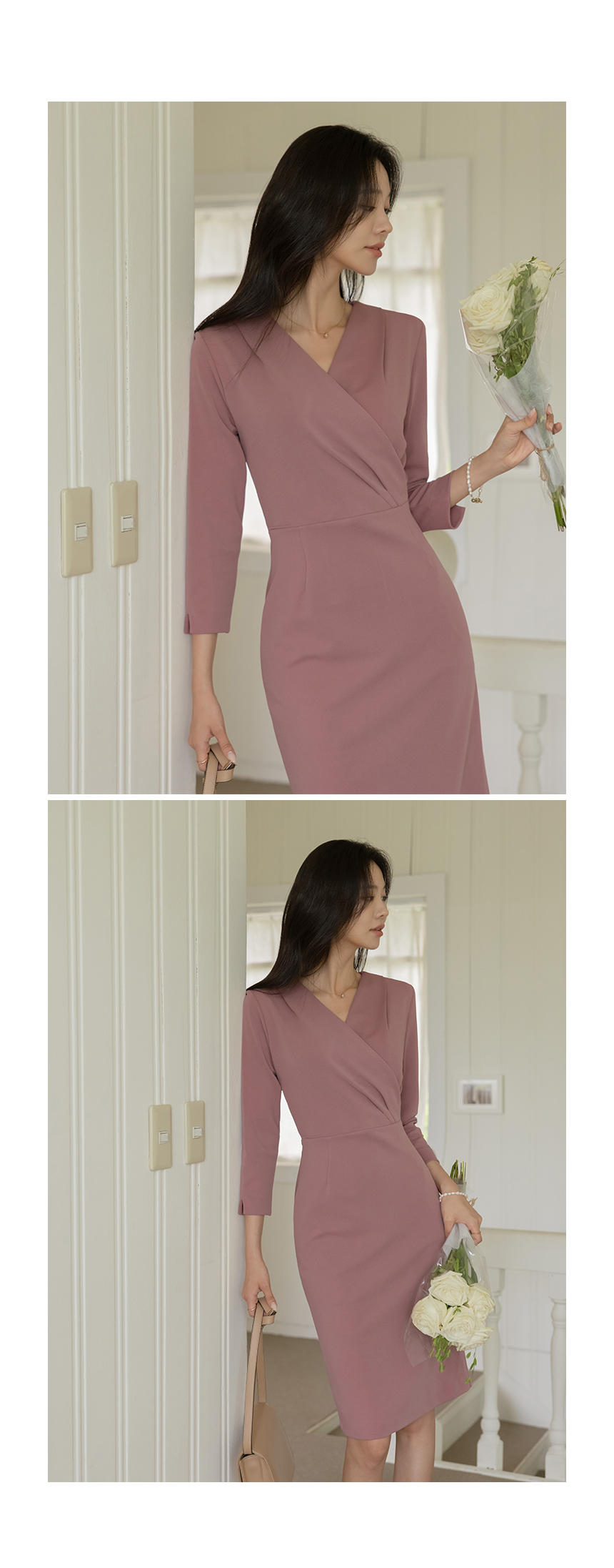 【I AM MARI】カシュクール襟 スリット Hライン ワンピース◆ I AM MARI】カシュクール襟 スリット Hライン ワンピース◇ (I