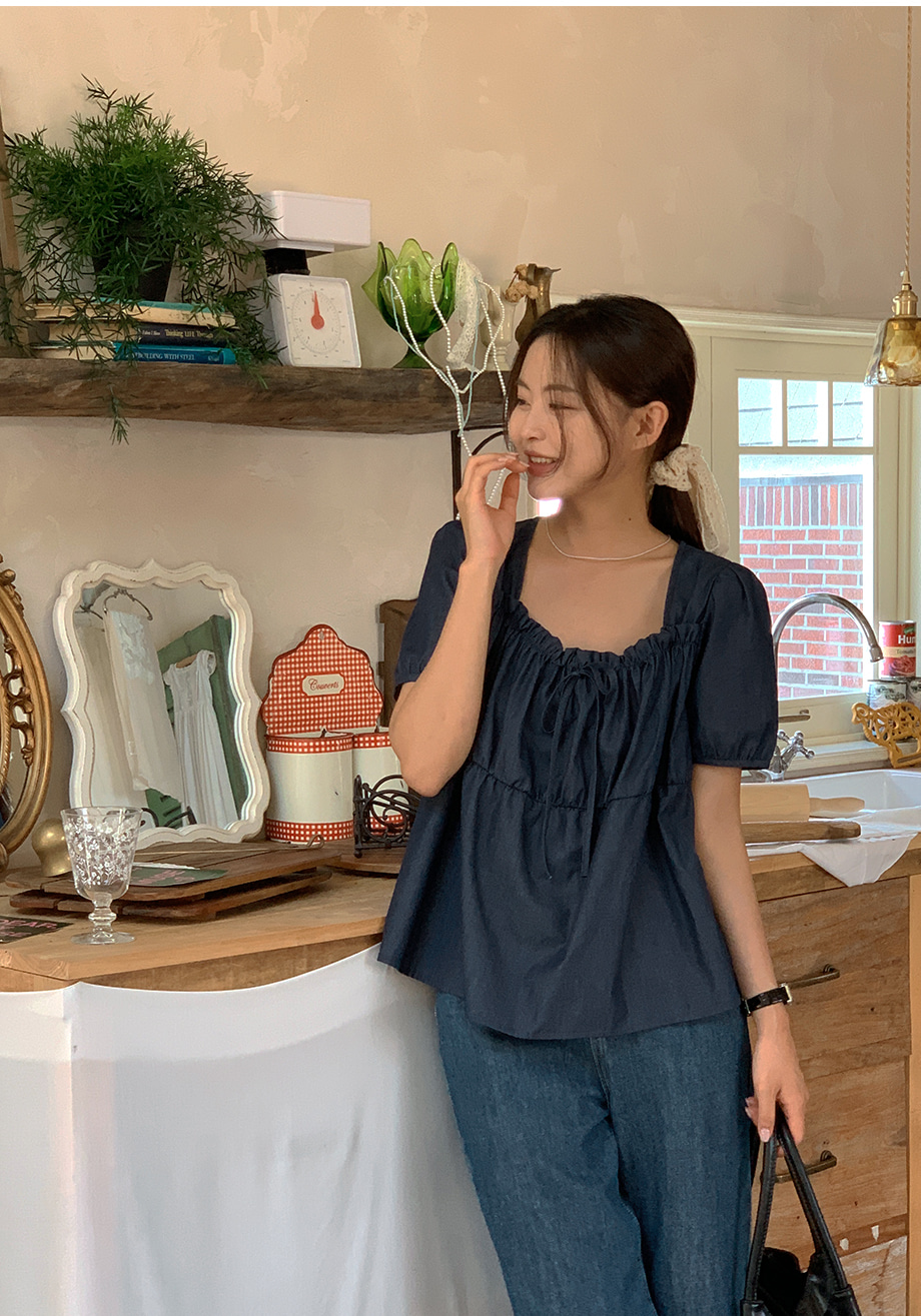 ドロストスクエアパフ半袖フレアデニムブラウス | レディース