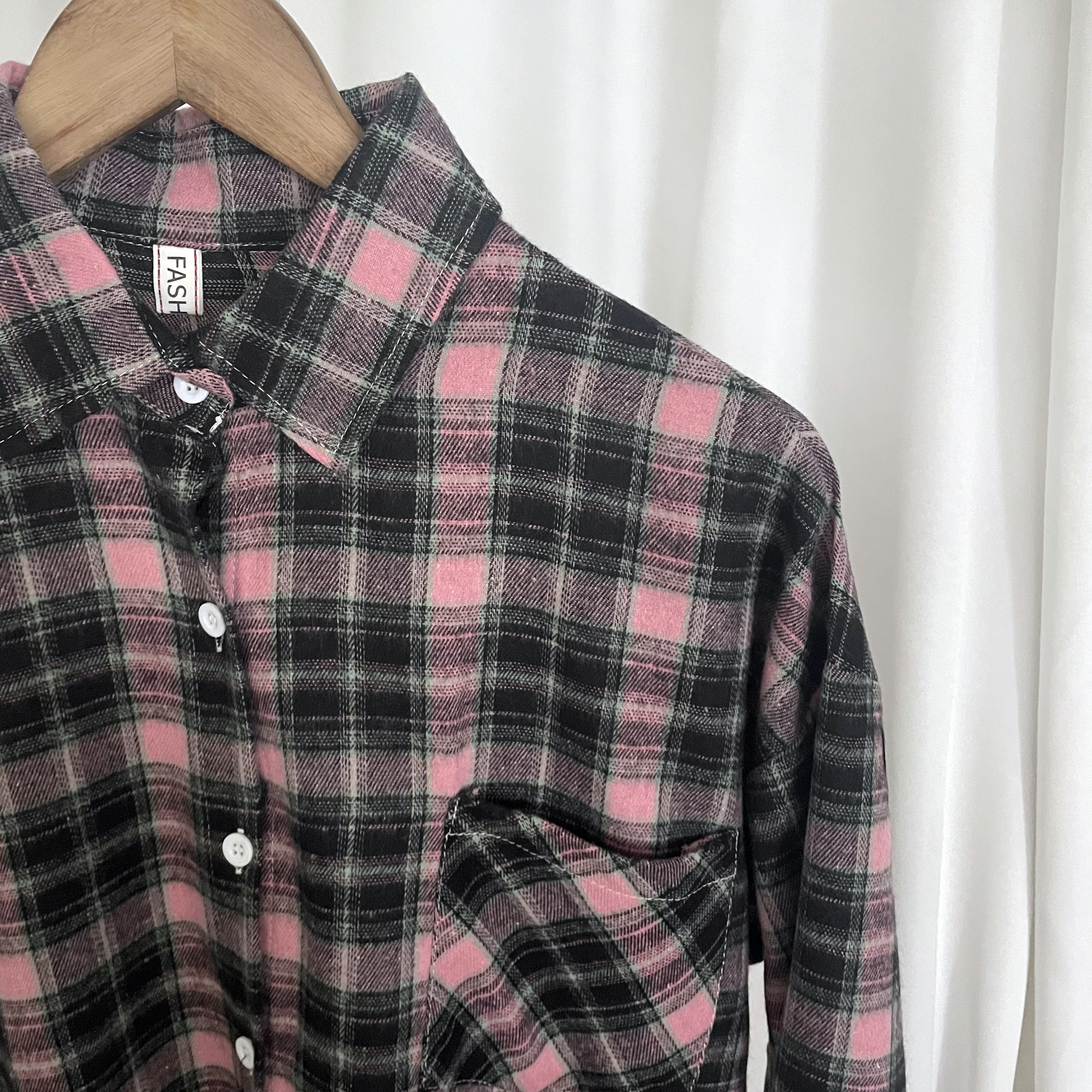 ウール混ルーズワンポケットピンクチェックシャツ | レディース