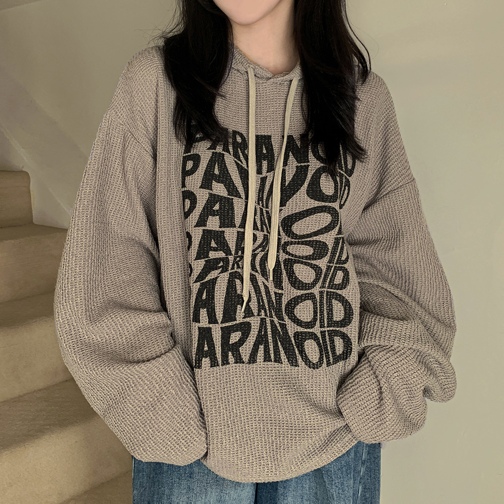 英字プリントワッフルオーバーフードTシャツ | レディースファッション