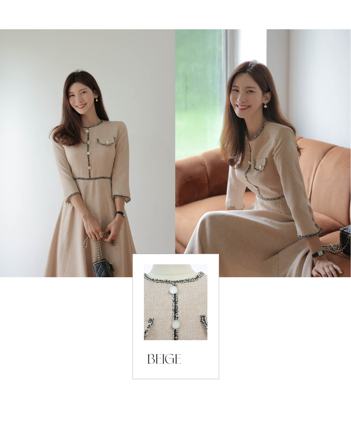 ★ChicLine★ ロネビル配色カラー ツイードワンピース 配色ライン ラウンドネック ツイードワンピース 2色 S～XXL