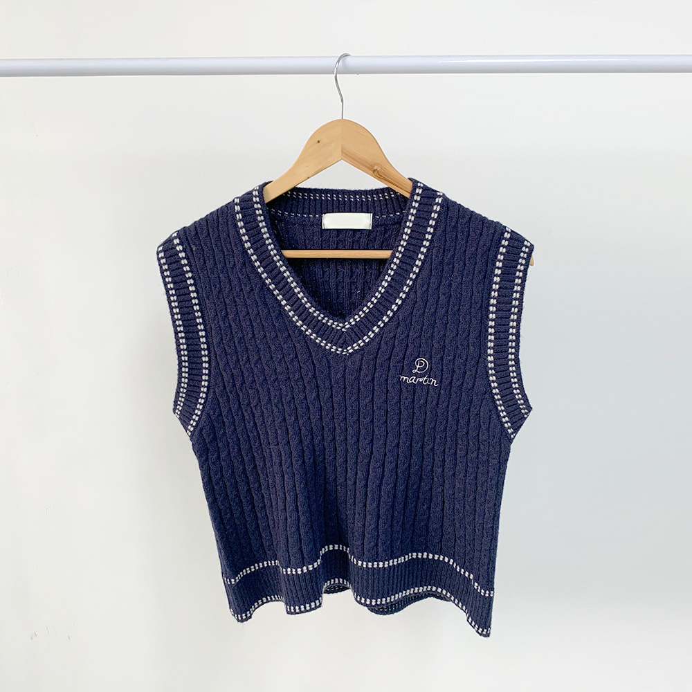 ウール混Vネック刺繍チルデンニットベスト | レディース