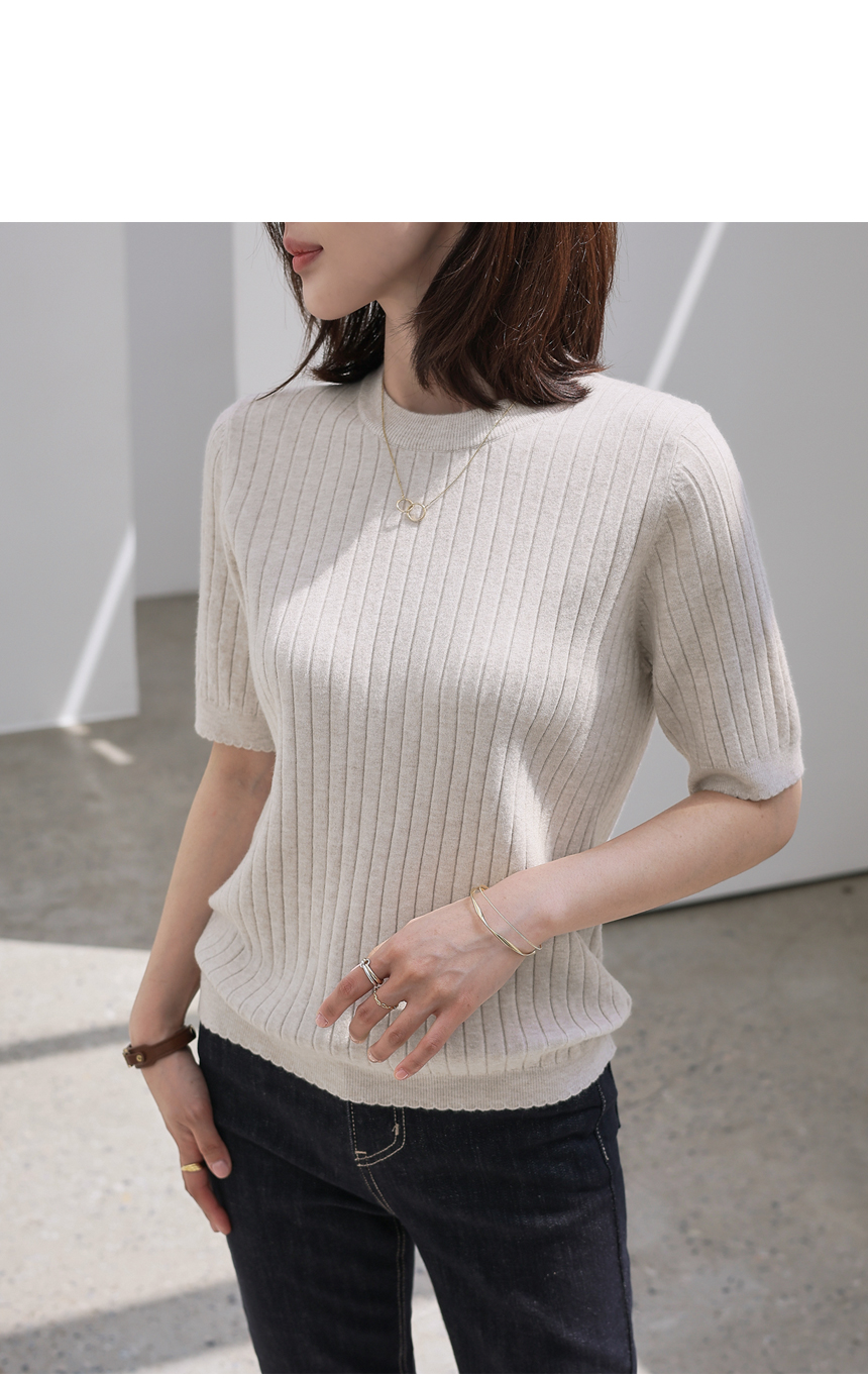 ゆひと様 スカラップリブニット リブバックスリットスカラップ5分袖ニット | レディースファッション