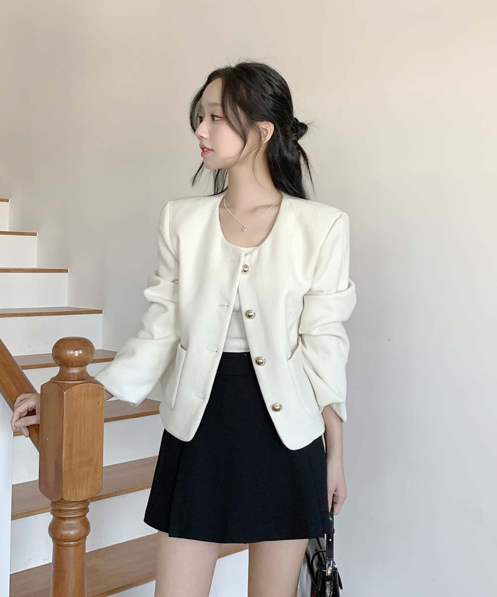 ラウンドパッチポケットツイードジャケット | レディースファッション