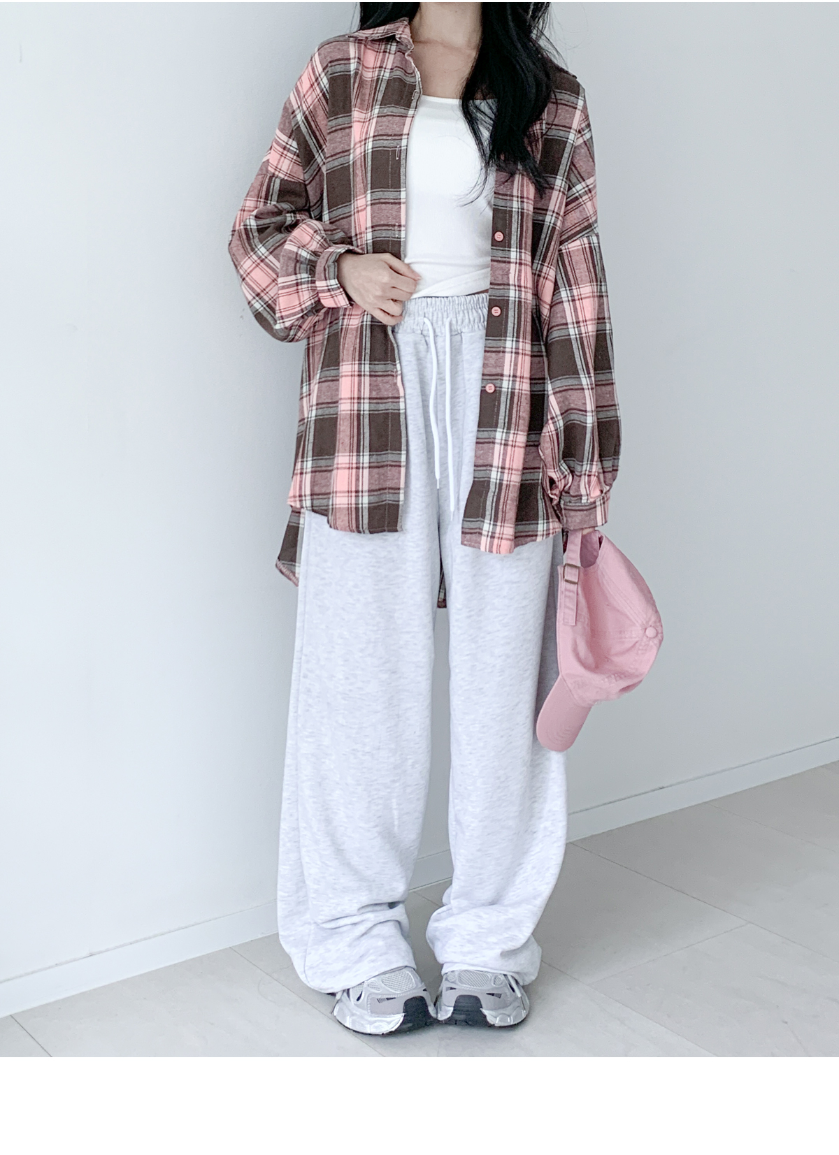ピーチ起毛ルーズチェックシャツ&ドロストワイドスウェットパンツSET