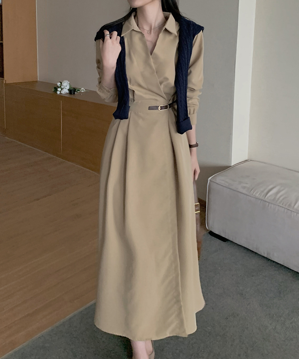 PIERRE BALMAIN ベルト付 バンドカラー ワンピース トレンチコート