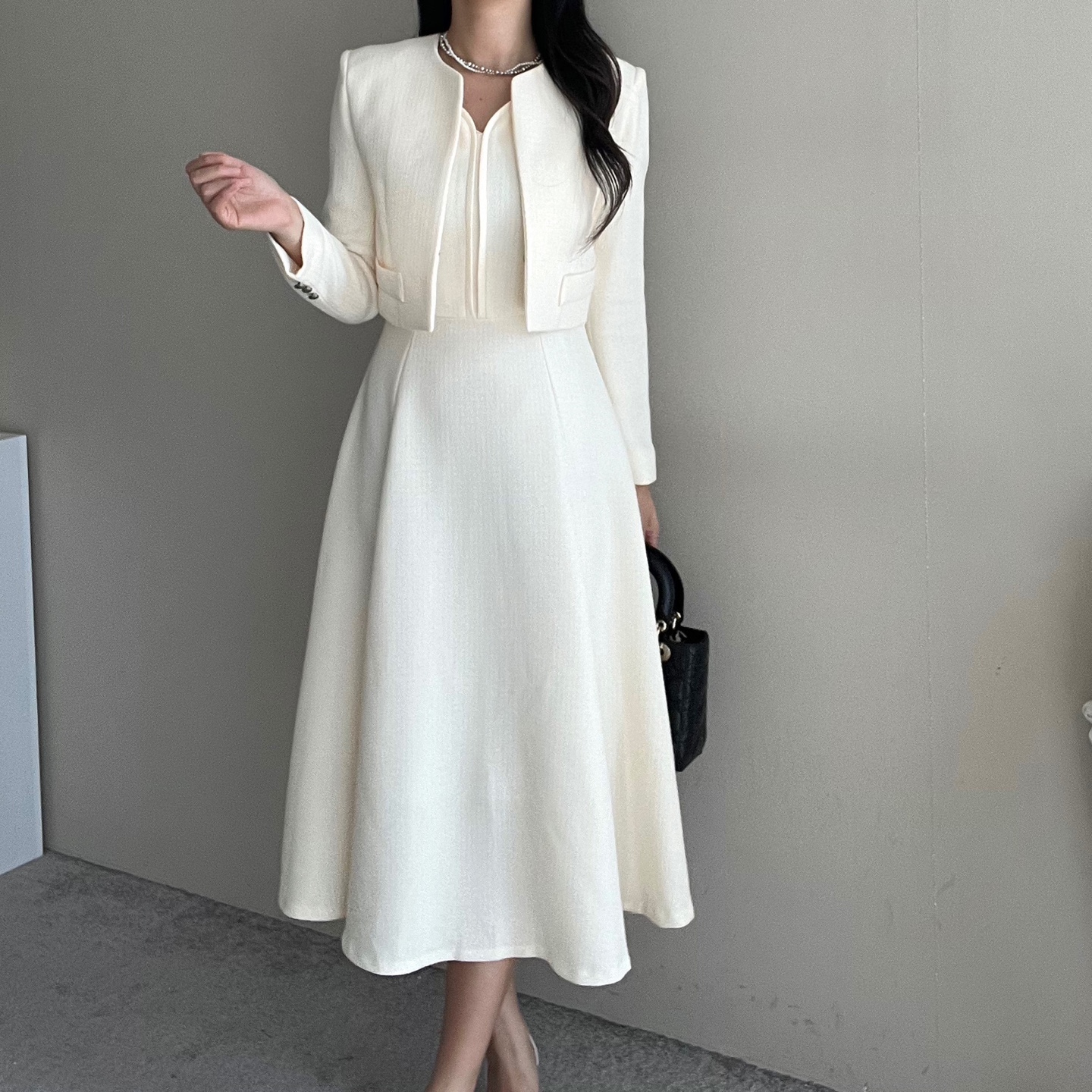 ショートツイードジャケット&ハートネックノースリフレアワンピースSET