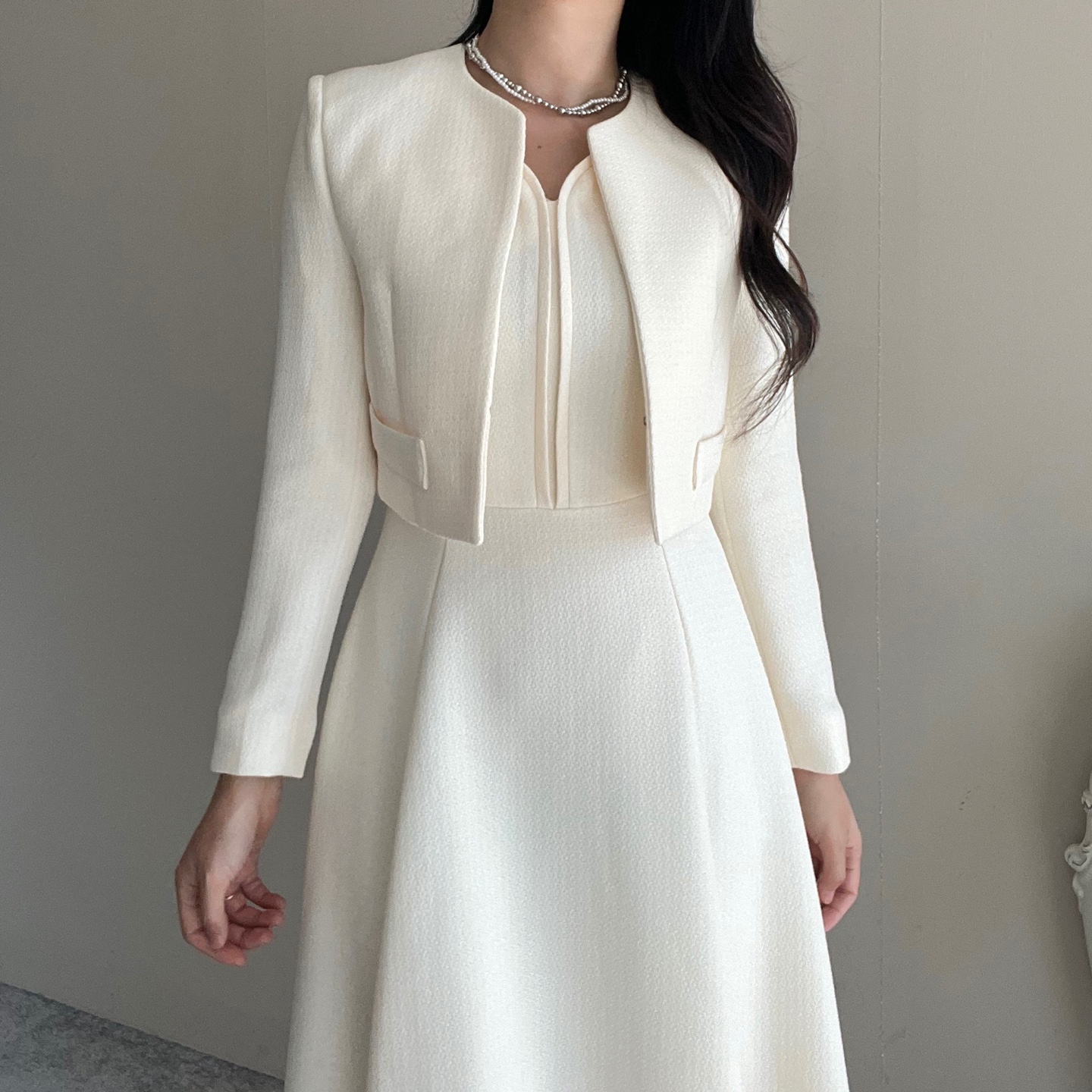 ショートツイードジャケット&ハートネックノースリフレアワンピースSET