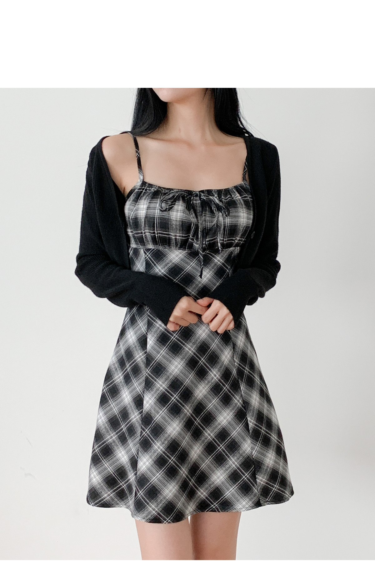 チェックギャザーリボンミニキャミワンピース | レディース
