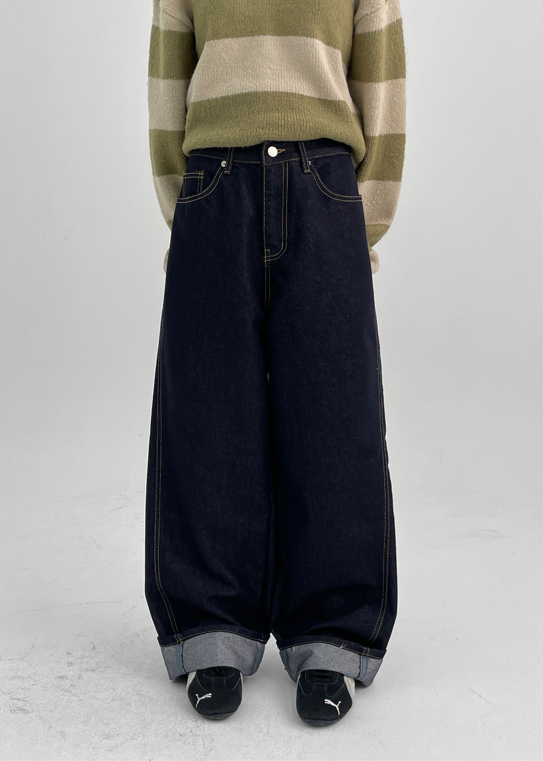 ノンウォッシュステッチロングワイドデニムパンツ | レディース