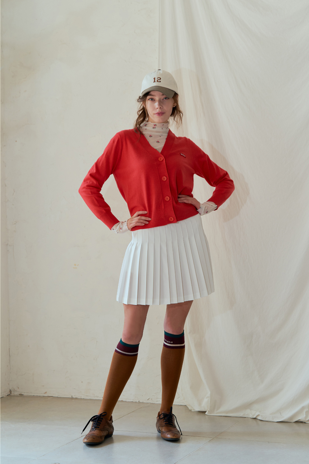 Vネックミニパッチニットカーディガン(レッド) | レディース