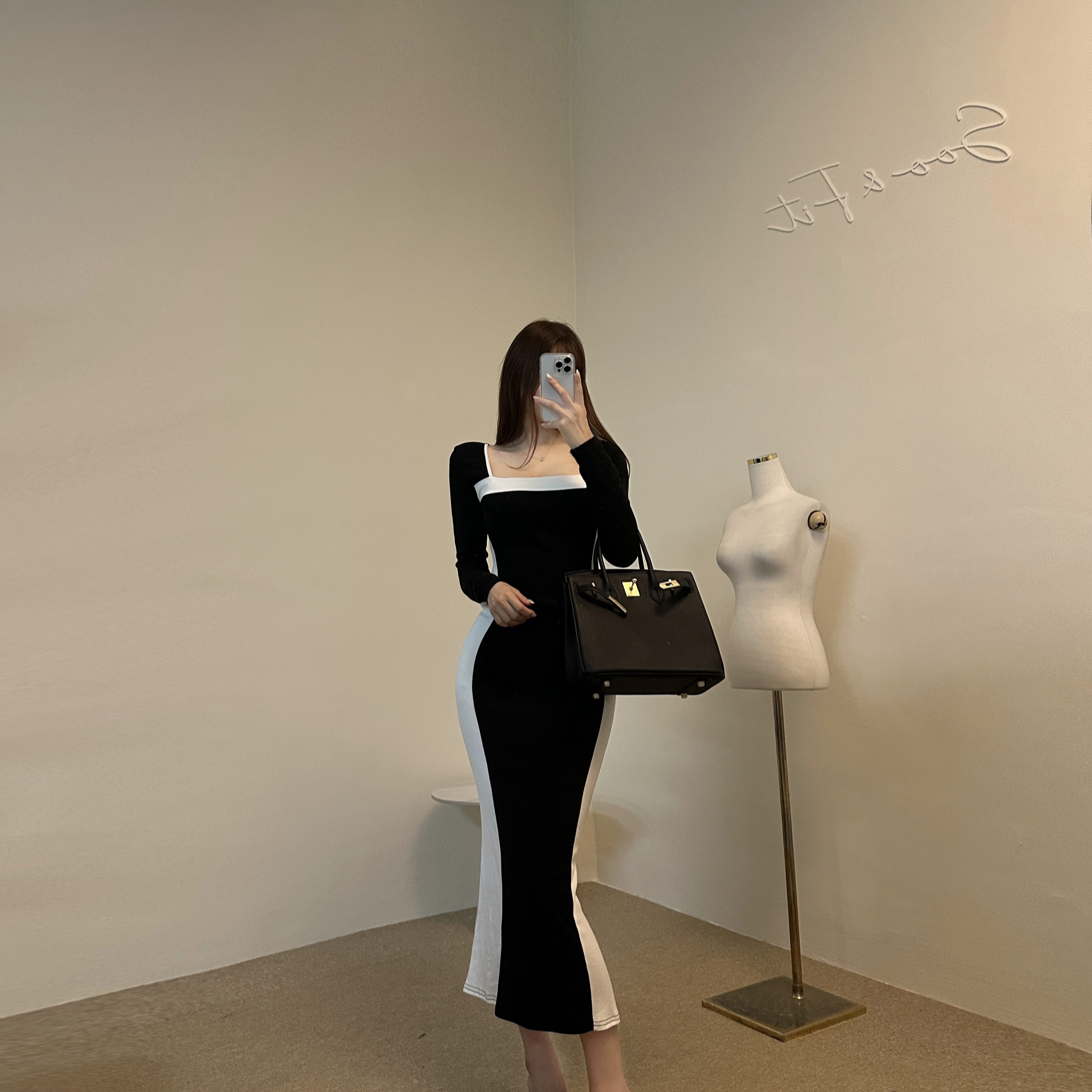 配色ワイドスクエアネックロングワンピース | レディースファッション