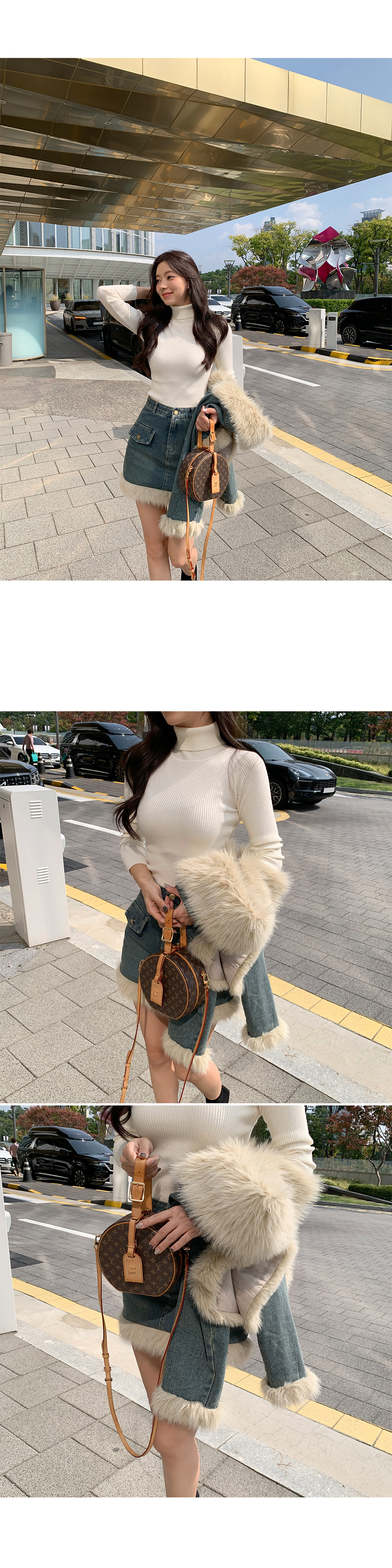 キルト裏地エコファーカラーデニムジャケット&2TYPEスカートSET