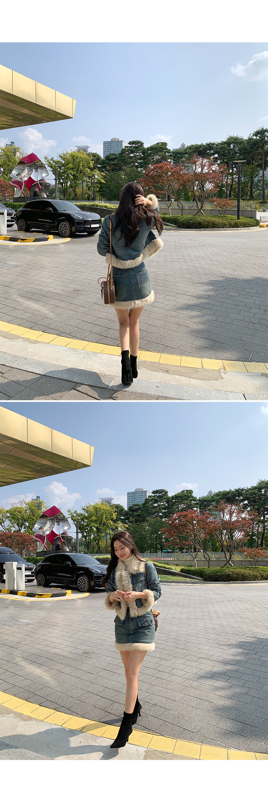 キルト裏地エコファーカラーデニムジャケット&2TYPEスカートSET