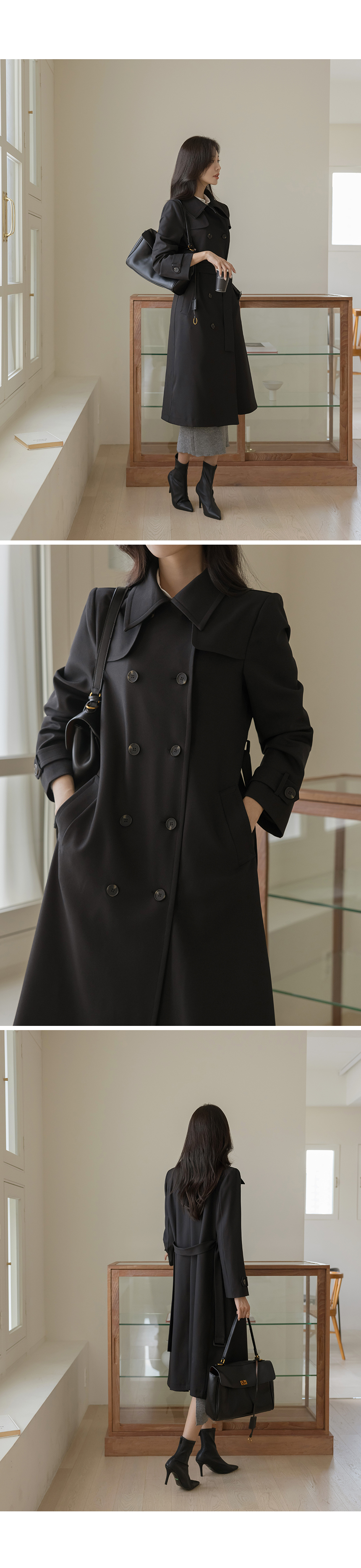 ブラック トレンチコート 装飾ストラップ付き ベルト付ガンフラップダブルトレンチコート | レディースファッション