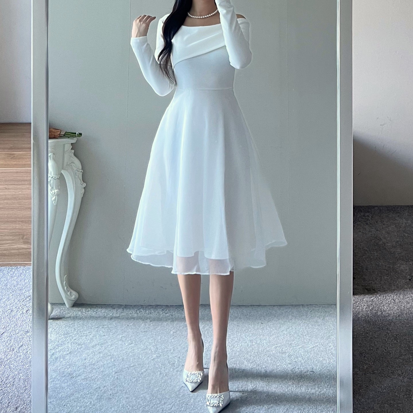 ワンショルチュールレイヤードAラインワンピース | レディース