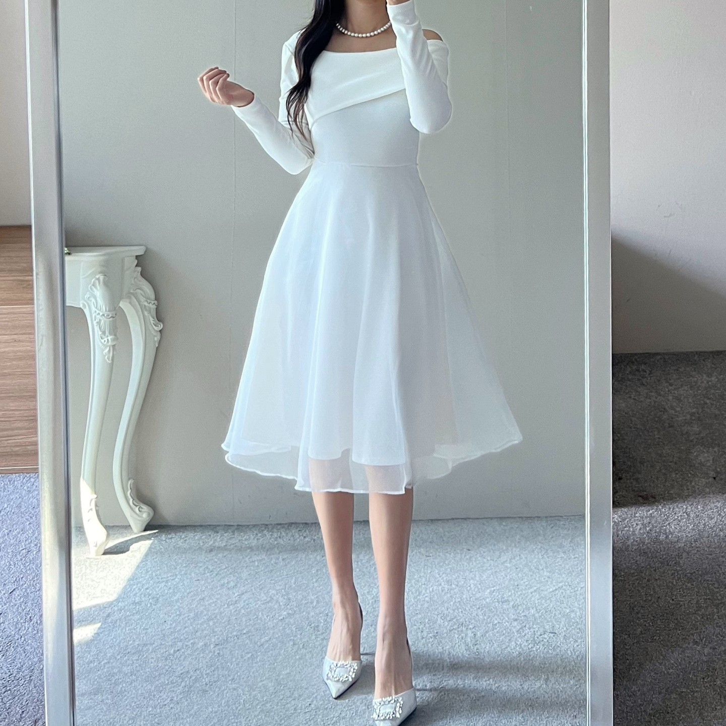 ワンショルチュールレイヤードAラインワンピース | レディース