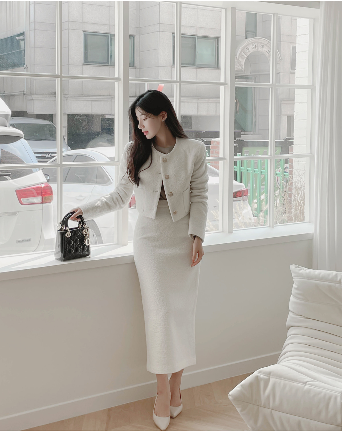 ゴールドデザインボタンツイードジャケット&IラインスカートSET