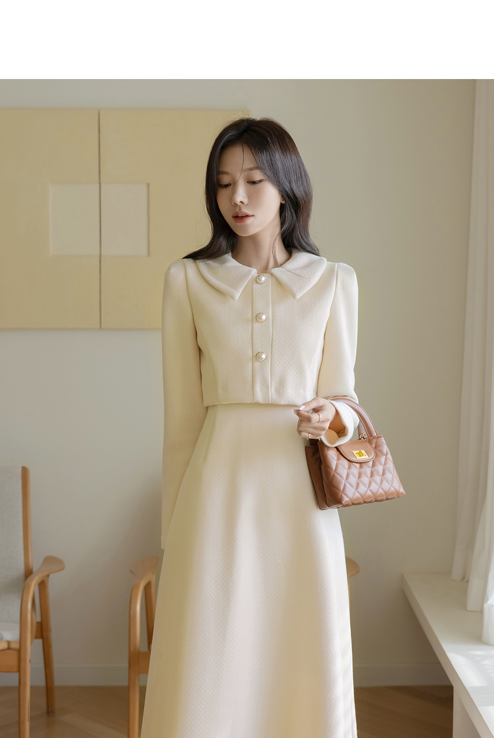 ★ChicLine★ゴールドボタンAラインワンピース カラーネックパール調ボタンAラインワンピース | レディース
