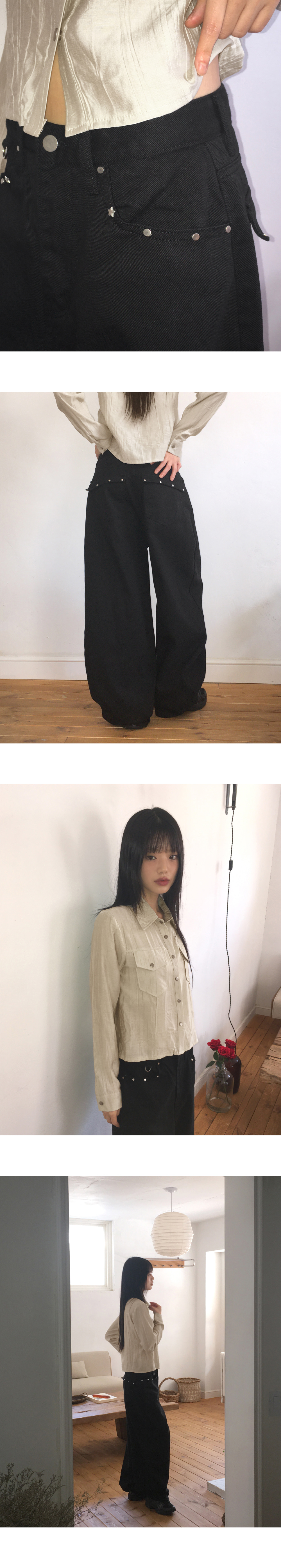 スタッズラインブラックワイドパンツ | レディースファッション通販
