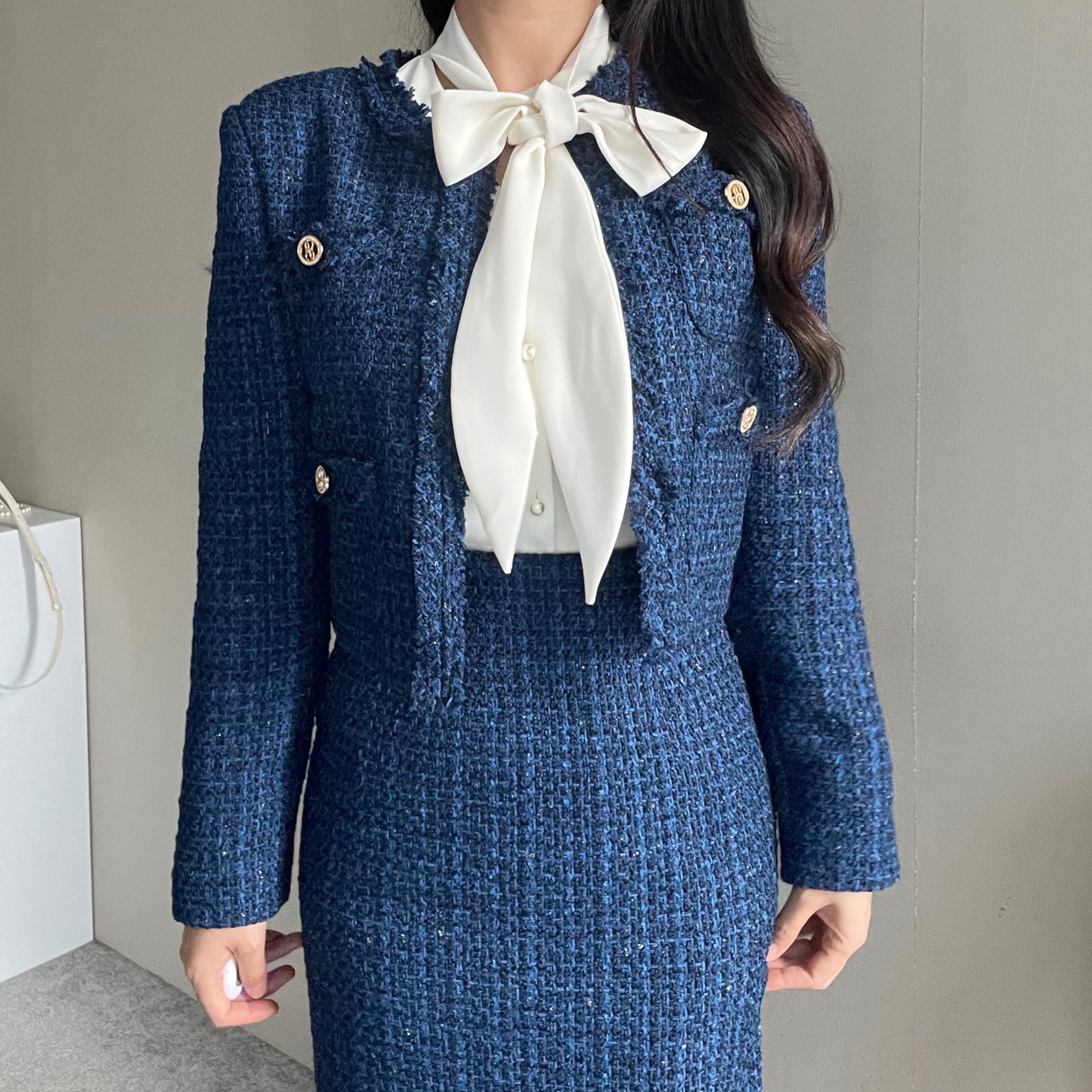 新品タグ付 tresorbylana ボタンラインツイードジャケットNavy