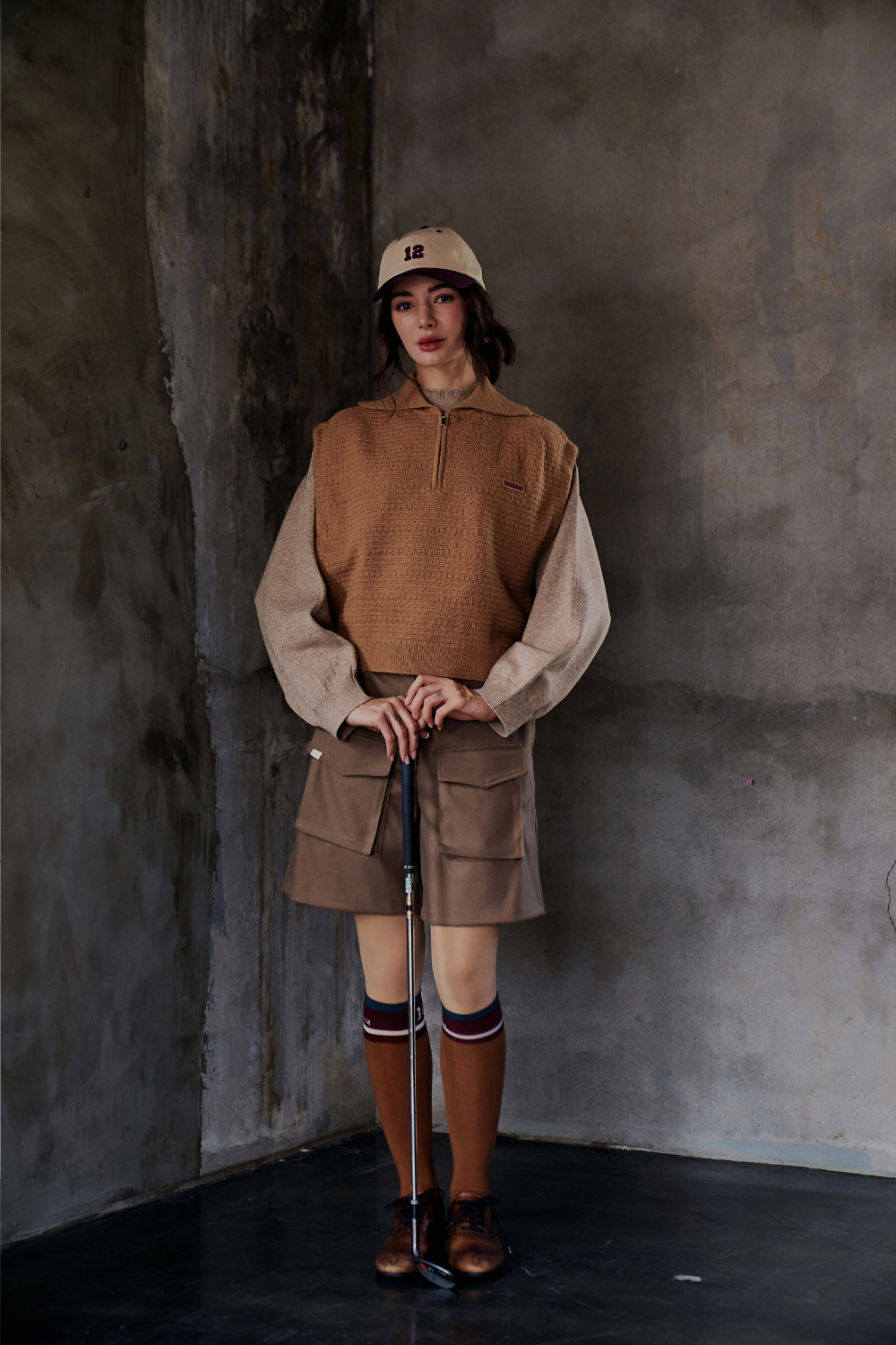 ハーフジップカラーニットベスト(キャメル) | レディースファッション