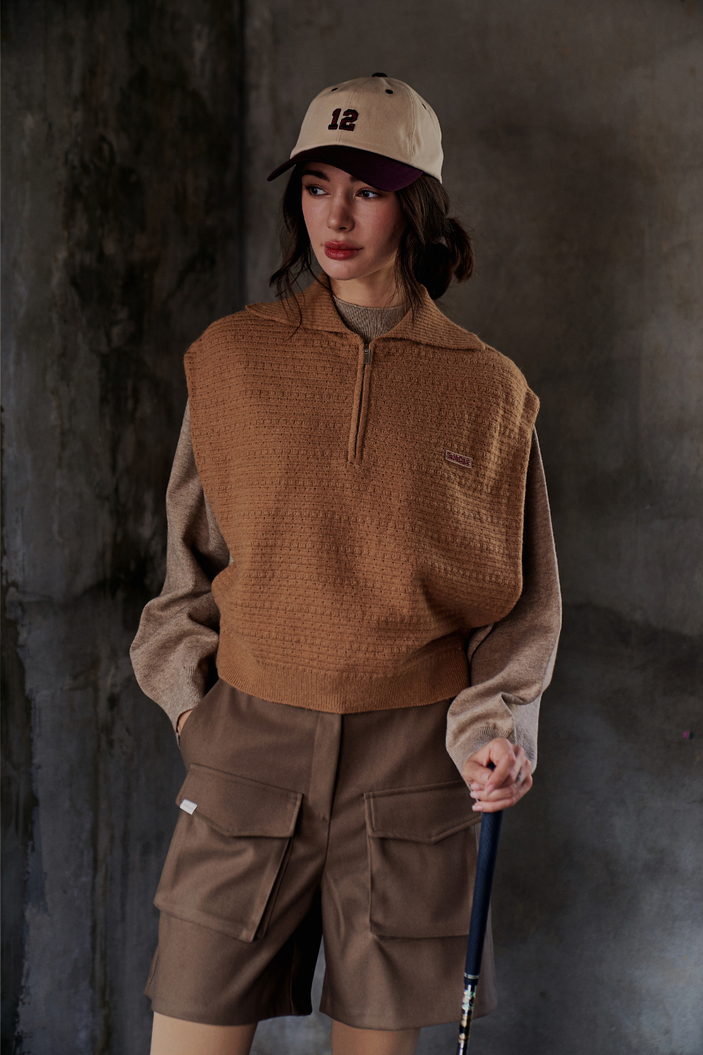 ハーフジップカラーニットベスト(キャメル) | レディースファッション