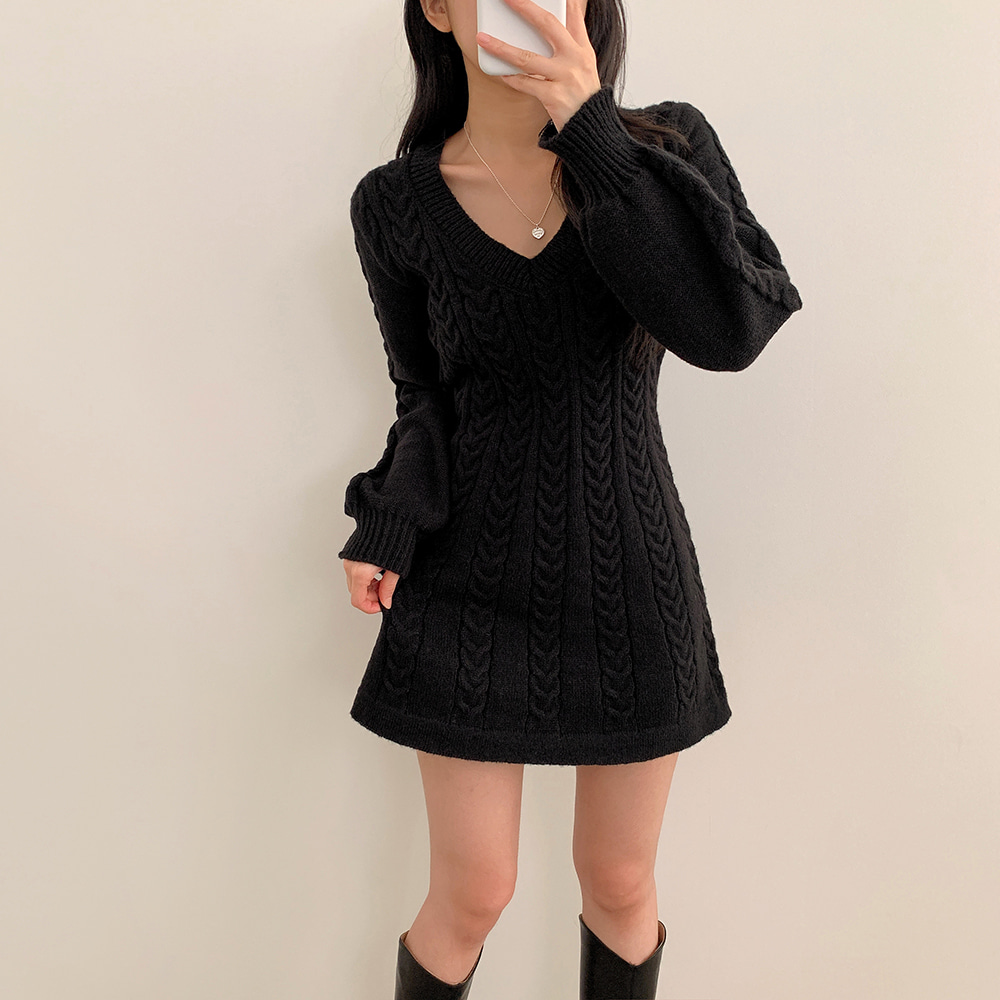Vネックケーブルニットワンピース | レディースファッション通販